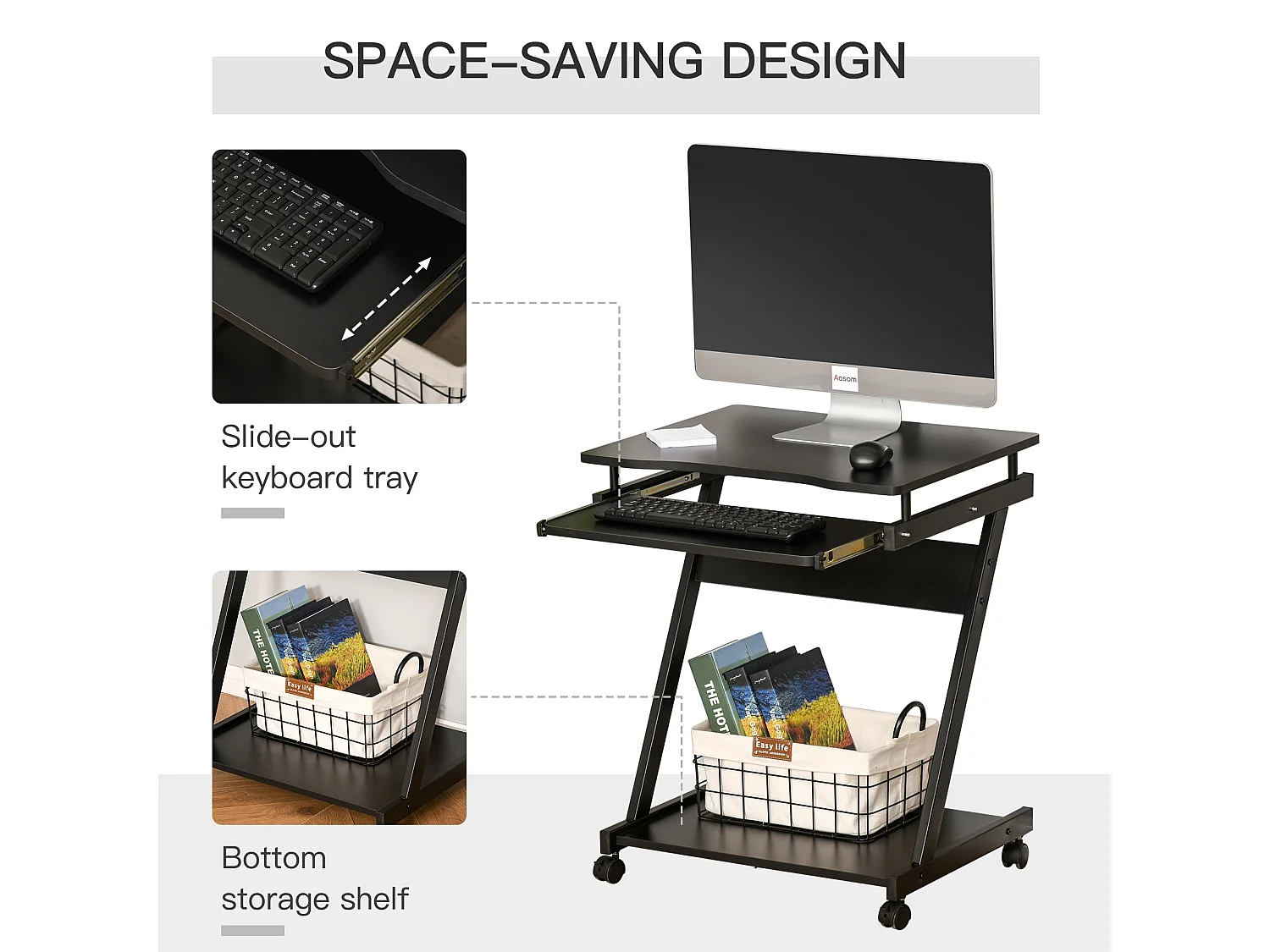 Kamo Mobile Black Computer Desk with Castor Wheels and Sliding Keyboard Tray