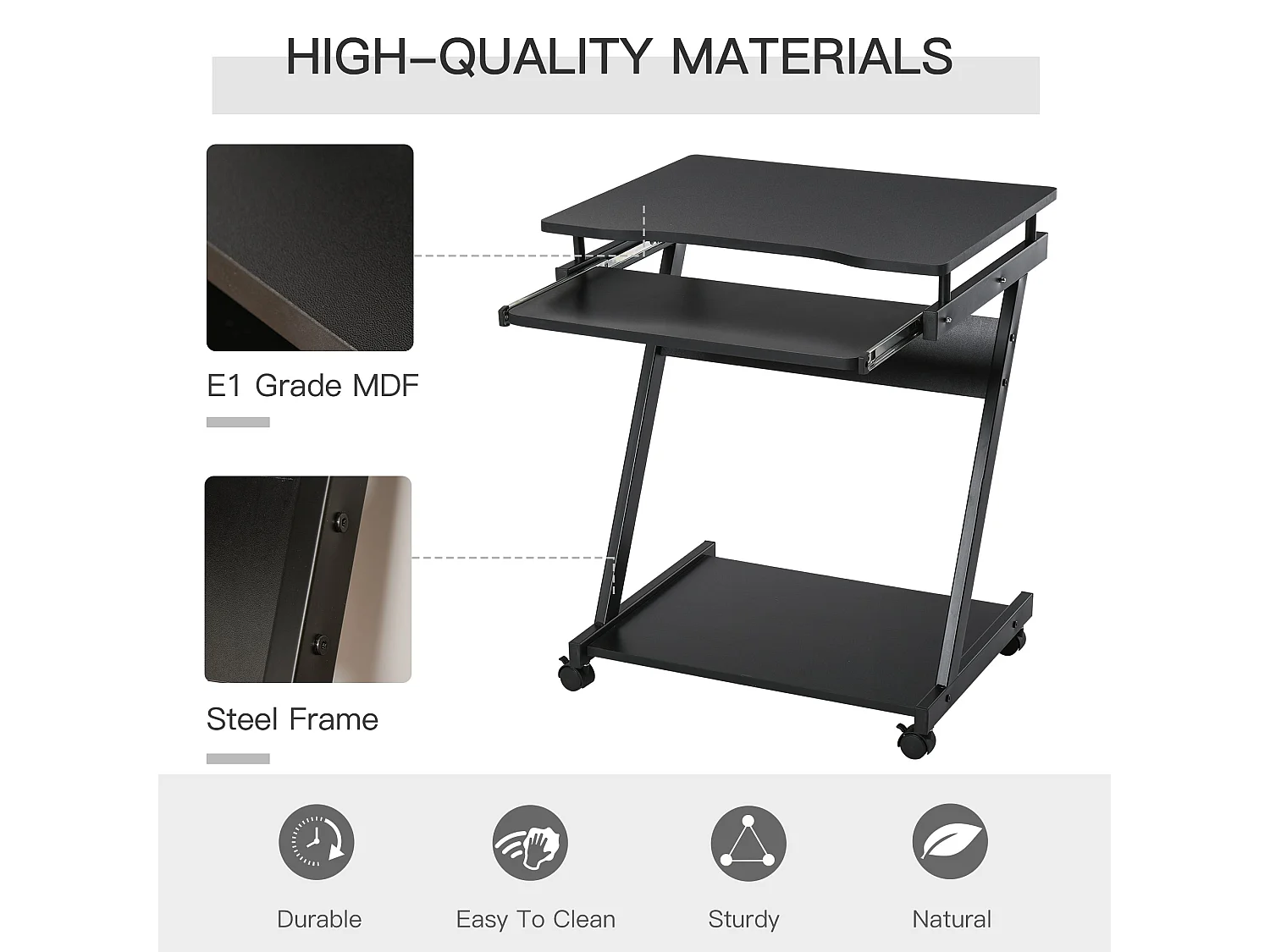 Kamo Mobile Black Computer Desk with Castor Wheels and Sliding Keyboard Tray