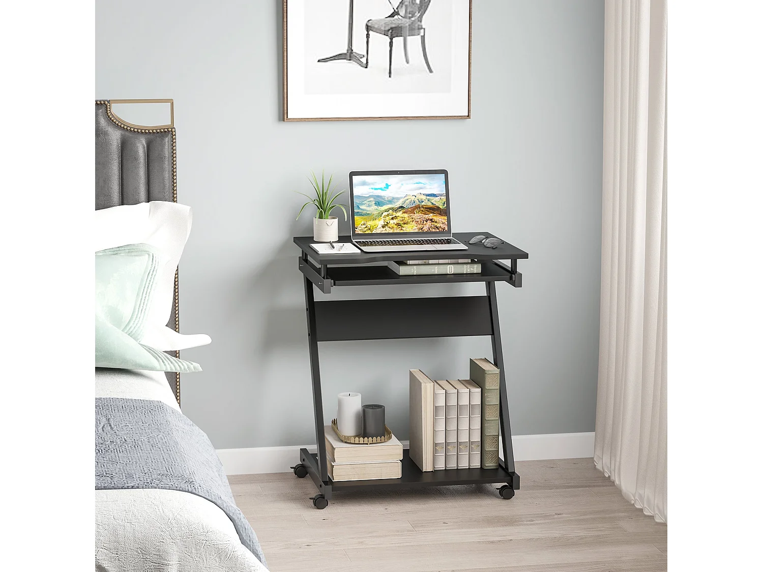 Kamo Mobile Black Computer Desk with Castor Wheels and Sliding Keyboard Tray