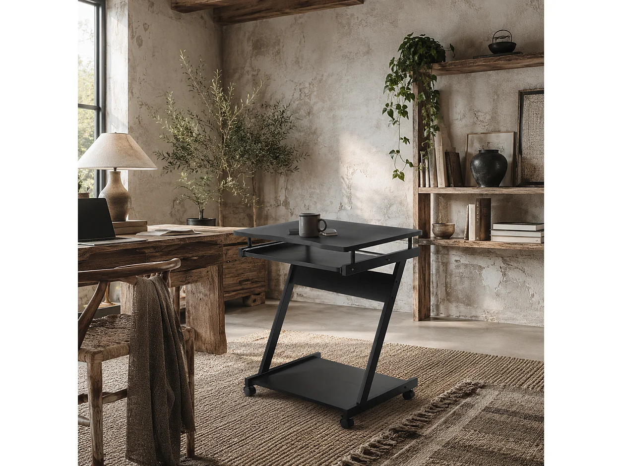 Kamo Mobile Black Computer Desk with Castor Wheels and Sliding Keyboard Tray