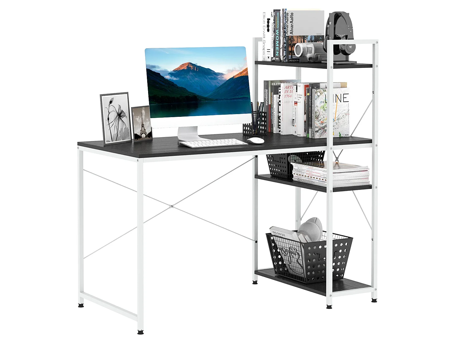 Kecodo 120cm Reversible Industrial Desk with Side Shelving Black and White