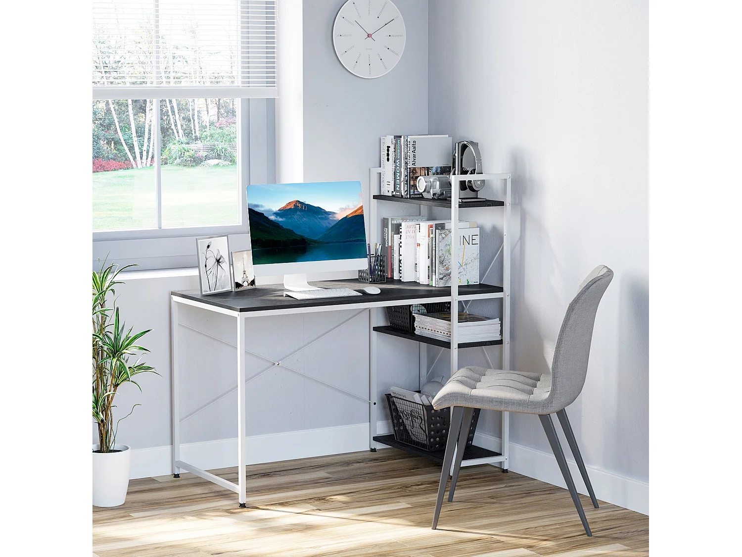 Kecodo 120cm Reversible Industrial Desk with Side Shelving Black and White