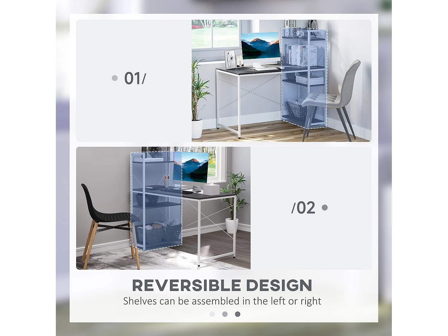 Kecodo 120cm Reversible Industrial Desk with Side Shelving Black and White