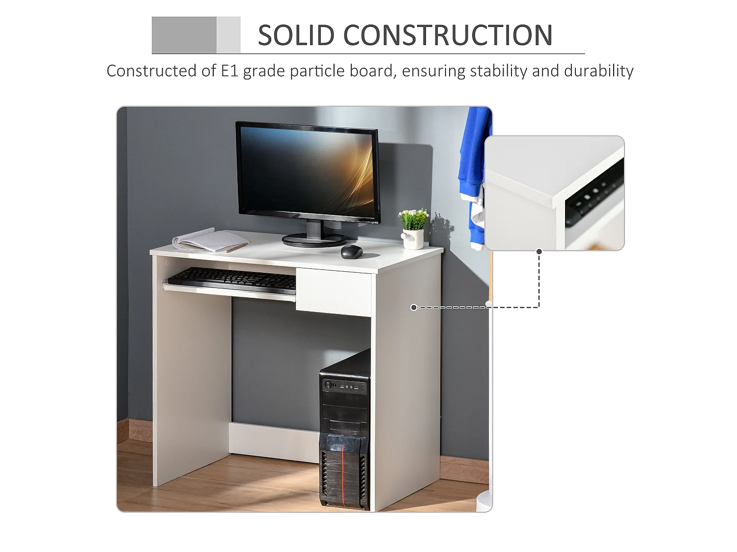 Samoka 80cm White Compact Desk with Keyboard Tray and Drawer