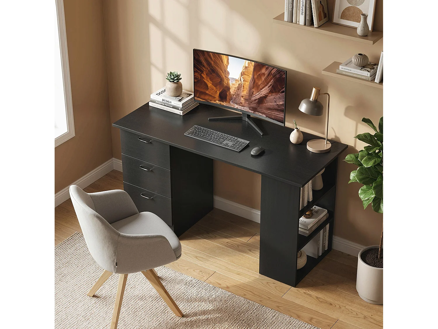 Malilu 120cm Black Home Office Desk 3 Drawers and 3 Open Shelves