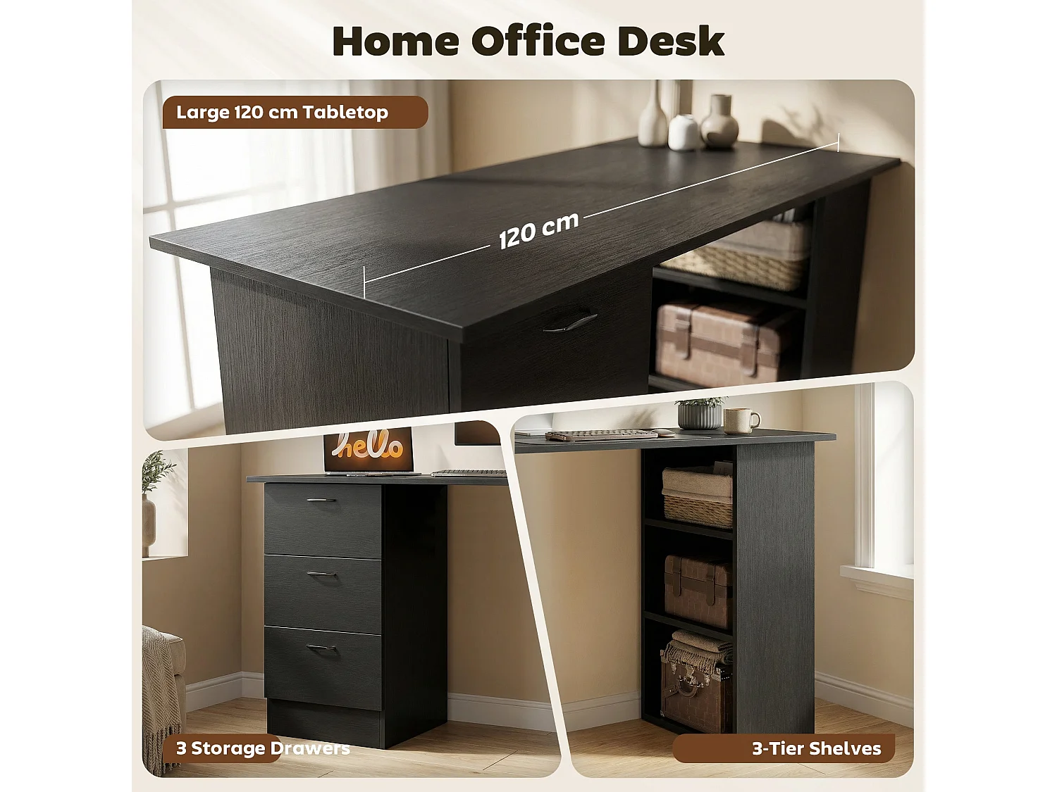 Malilu 120cm Black Home Office Desk 3 Drawers and 3 Open Shelves