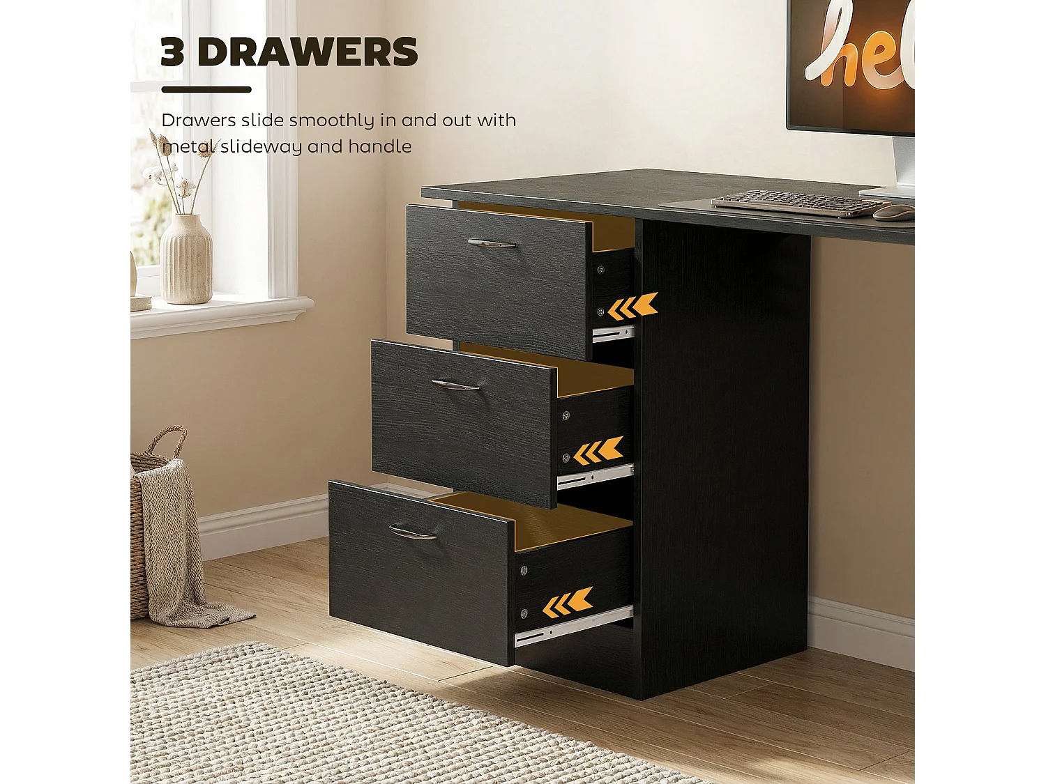Malilu 120cm Black Home Office Desk 3 Drawers and 3 Open Shelves