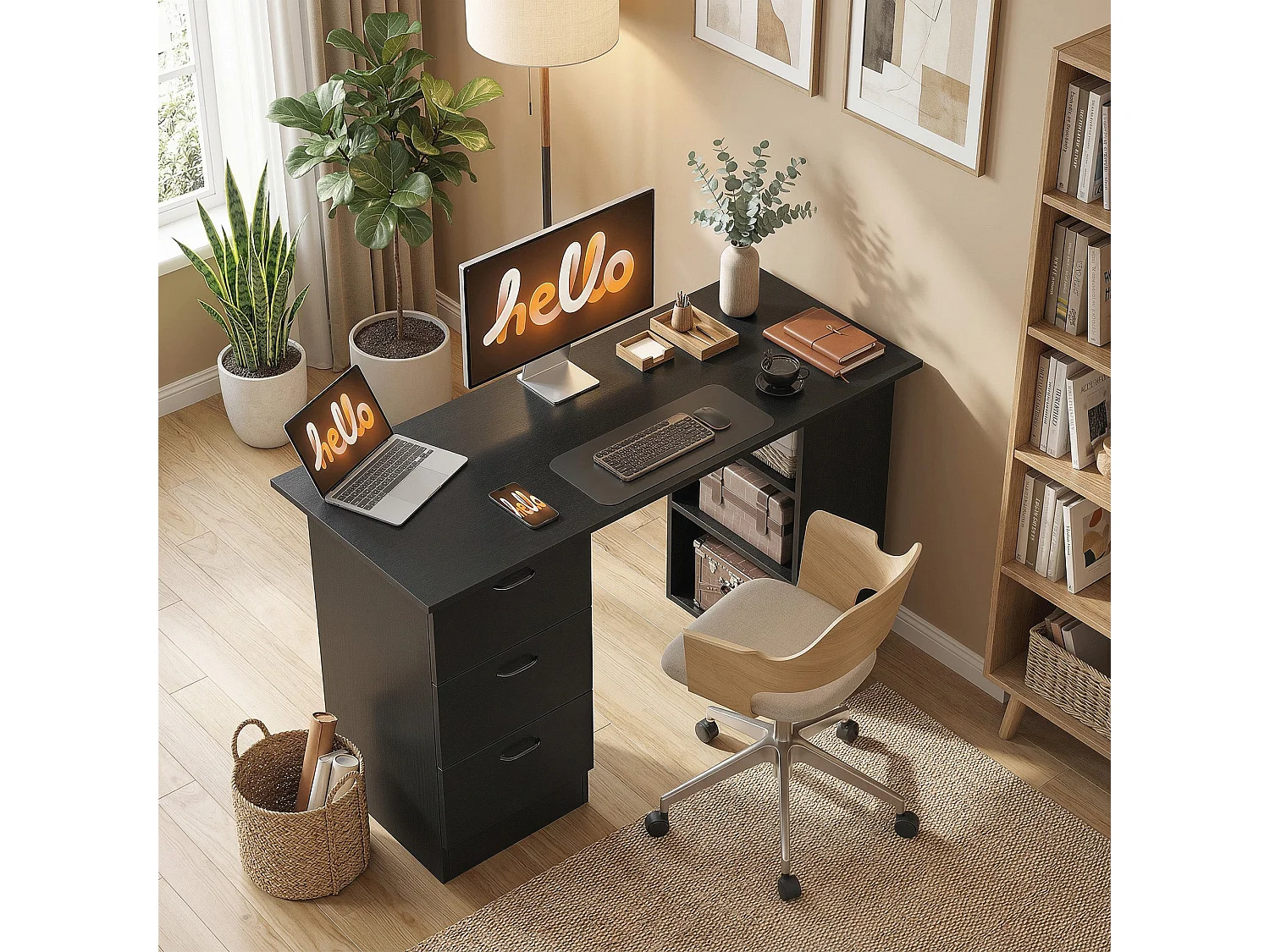 Malilu 120cm Black Home Office Desk 3 Drawers and 3 Open Shelves