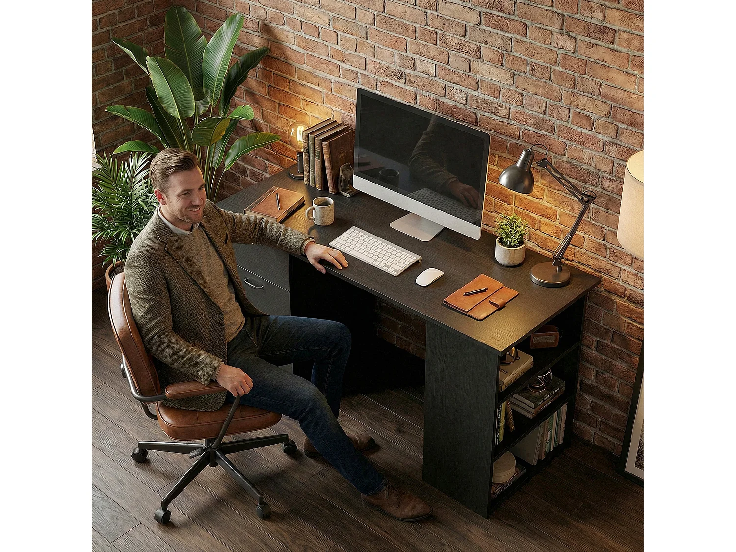 Malilu 120cm Black Home Office Desk 3 Drawers and 3 Open Shelves