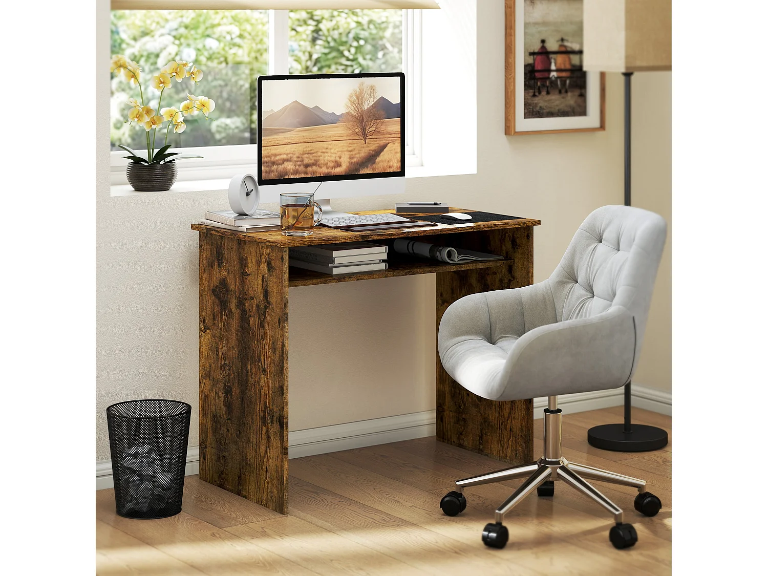 Nonoel 90cm Wood Effect Box Work Desk with Under Desk Shelf