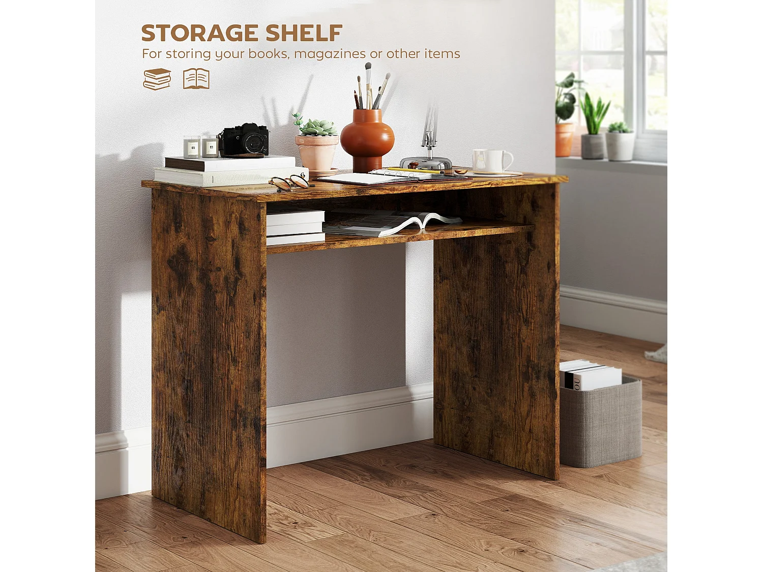 Nonoel 90cm Wood Effect Box Work Desk with Under Desk Shelf