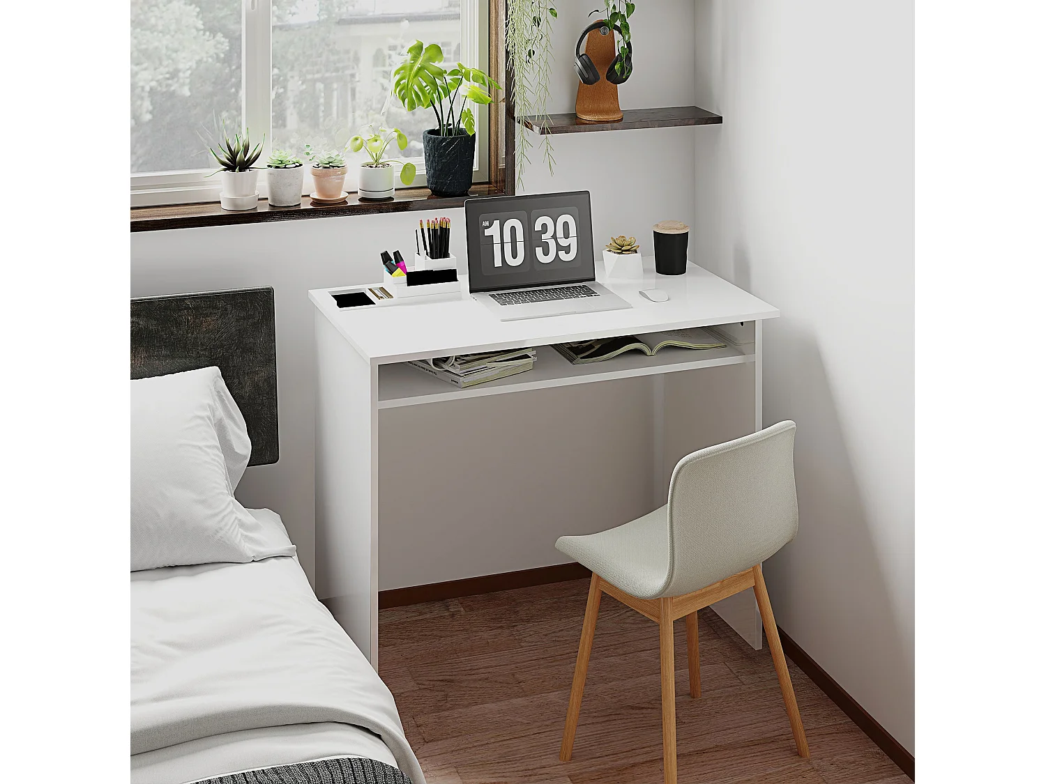 Selu 90cm High Gloss White Compact Study Desk with Under Desk Shelf