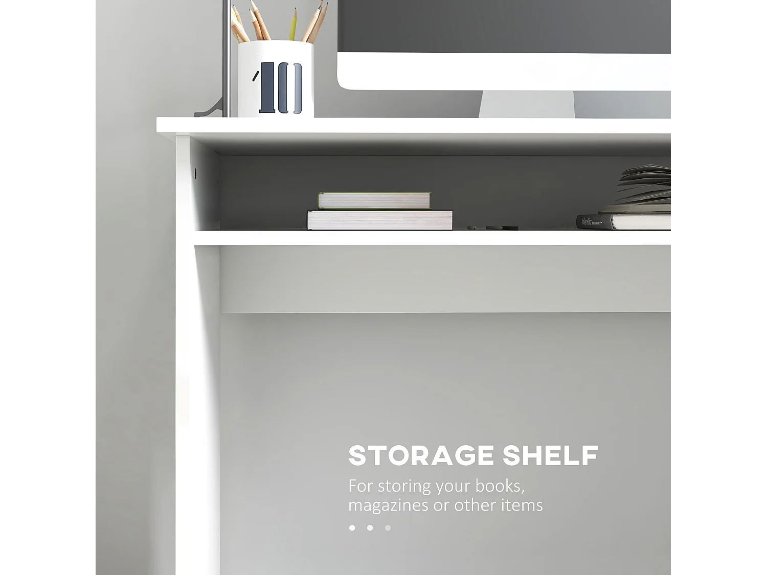 Selu 90cm High Gloss White Compact Study Desk with Under Desk Shelf