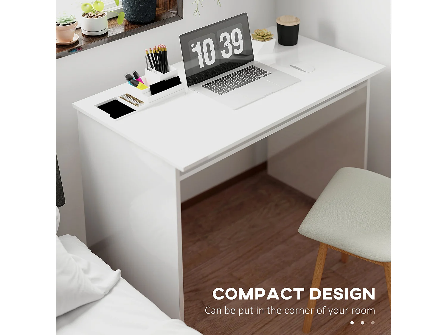 Selu 90cm High Gloss White Compact Study Desk with Under Desk Shelf
