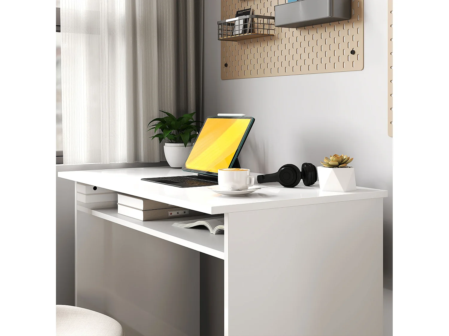 Selu 90cm High Gloss White Compact Study Desk with Under Desk Shelf