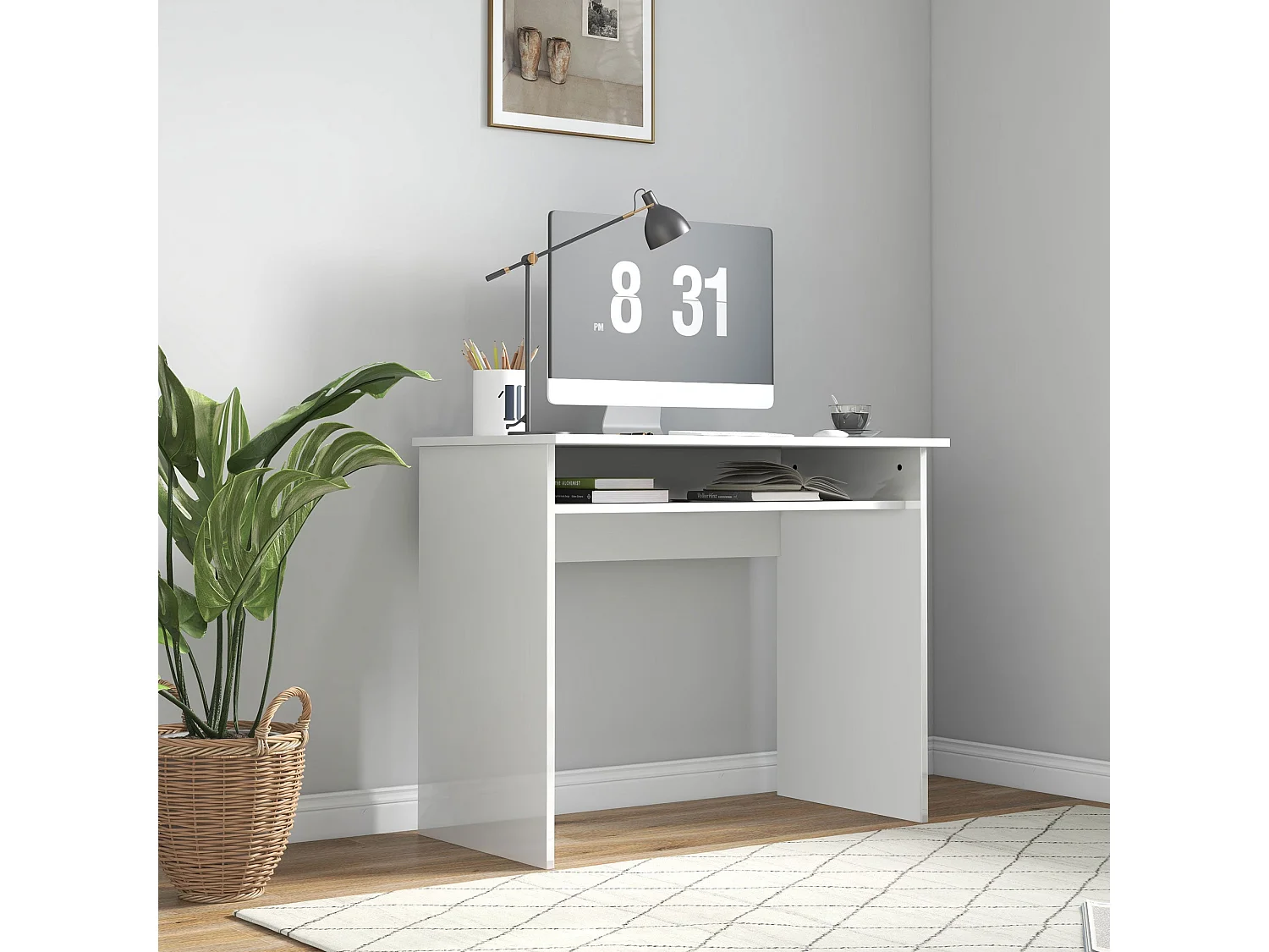Selu 90cm High Gloss White Compact Study Desk with Under Desk Shelf