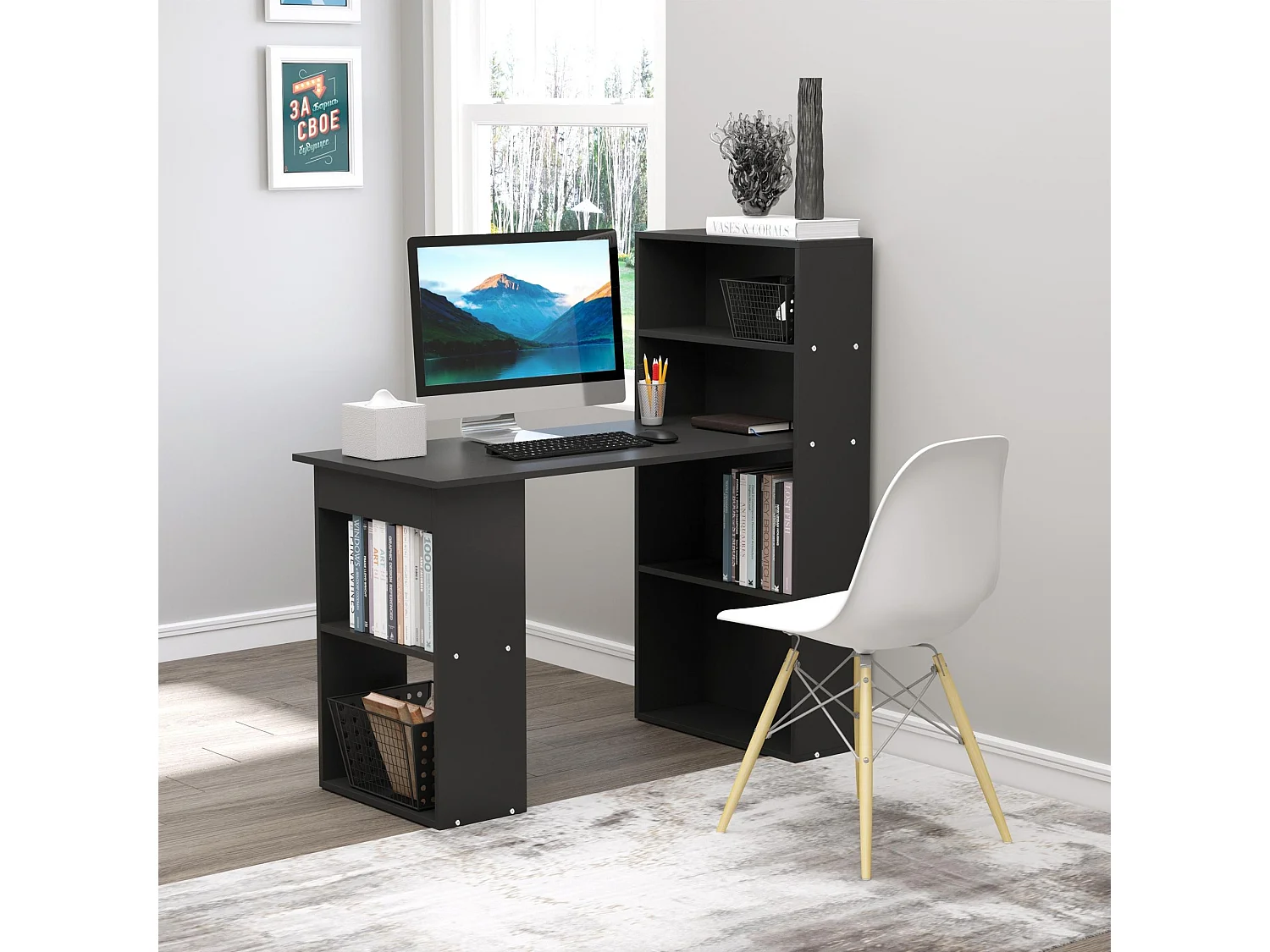 Elni 120cm Black Study Desk with Six Tier Bookshelf Storage