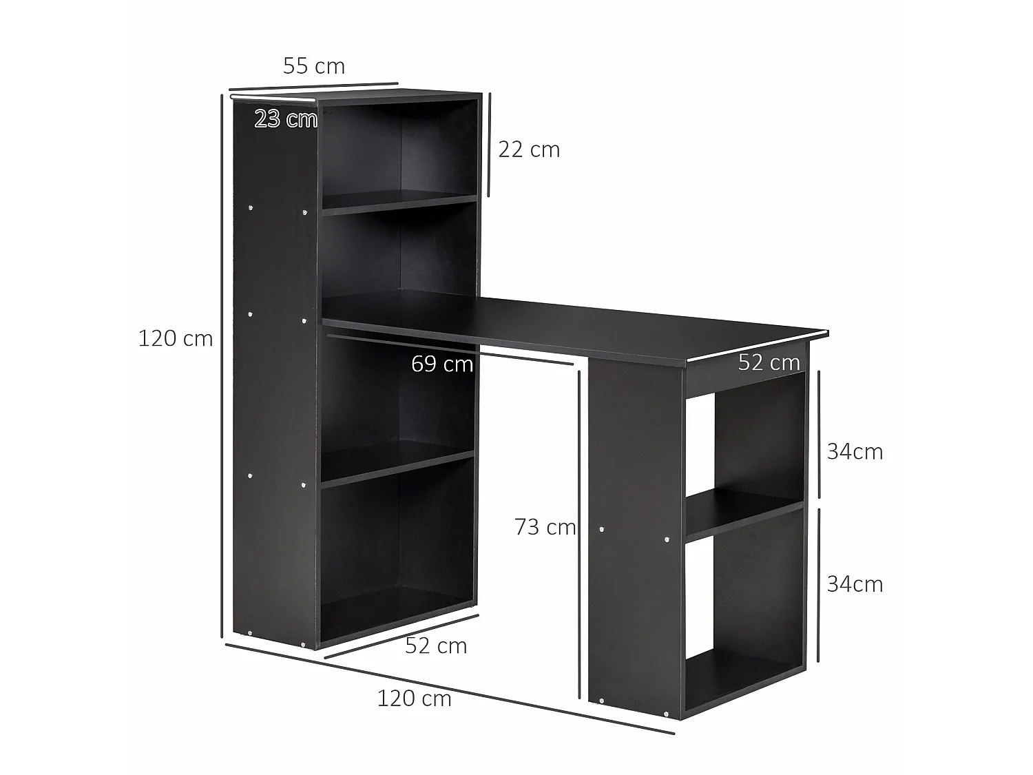 Elni 120cm Black Study Desk with Six Tier Bookshelf Storage