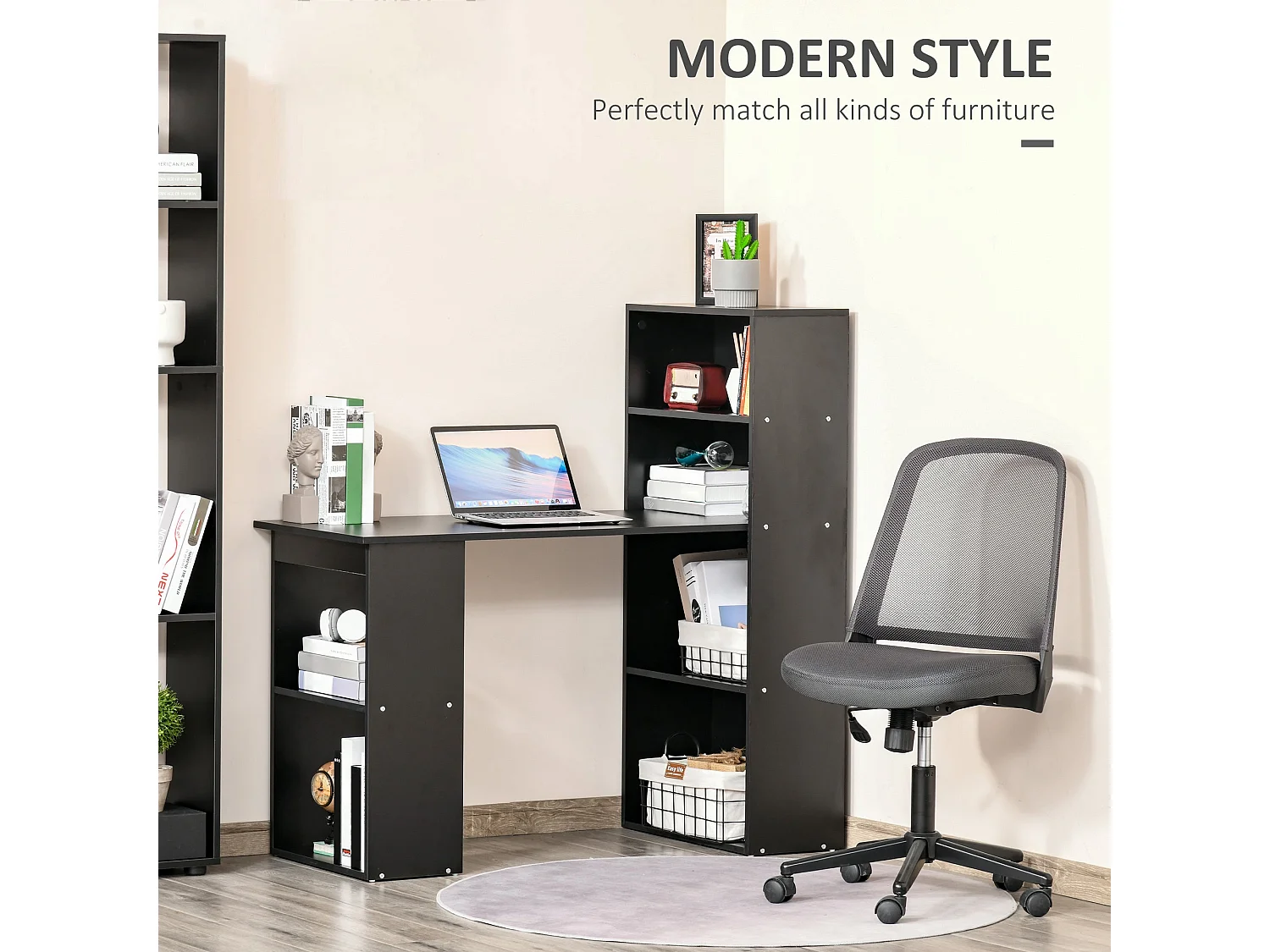 Elni 120cm Black Study Desk with Six Tier Bookshelf Storage