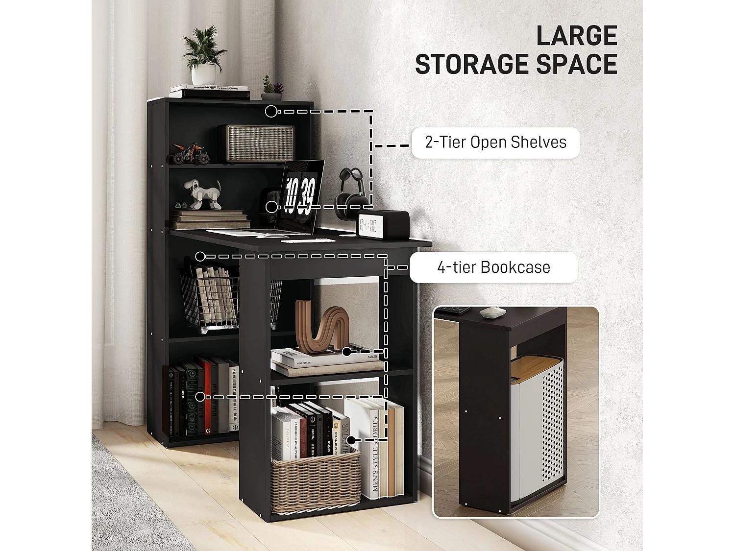 Elni 120cm Black Study Desk with Six Tier Bookshelf Storage