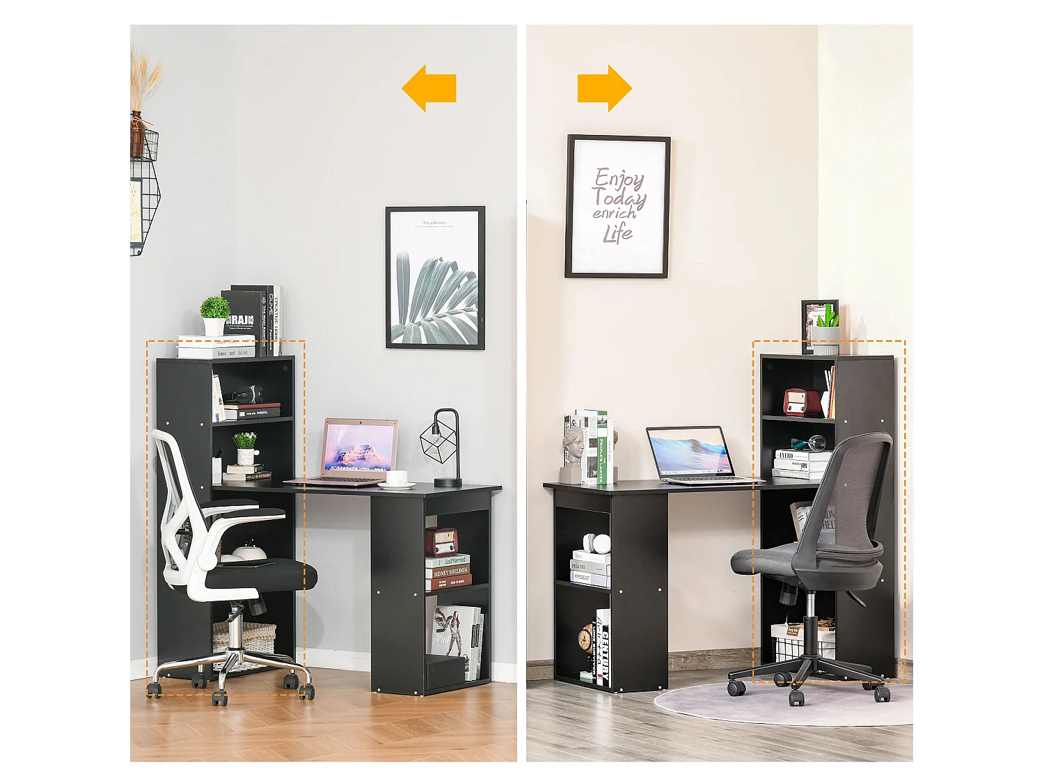 Elni 120cm Black Study Desk with Six Tier Bookshelf Storage