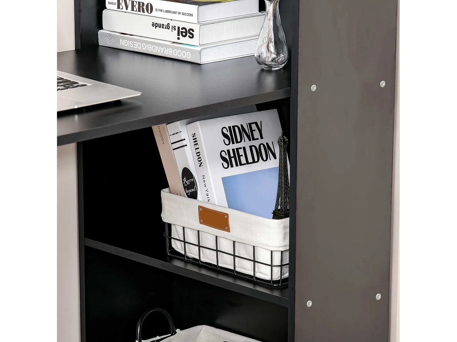 Elni 120cm Black Study Desk with Six Tier Bookshelf Storage