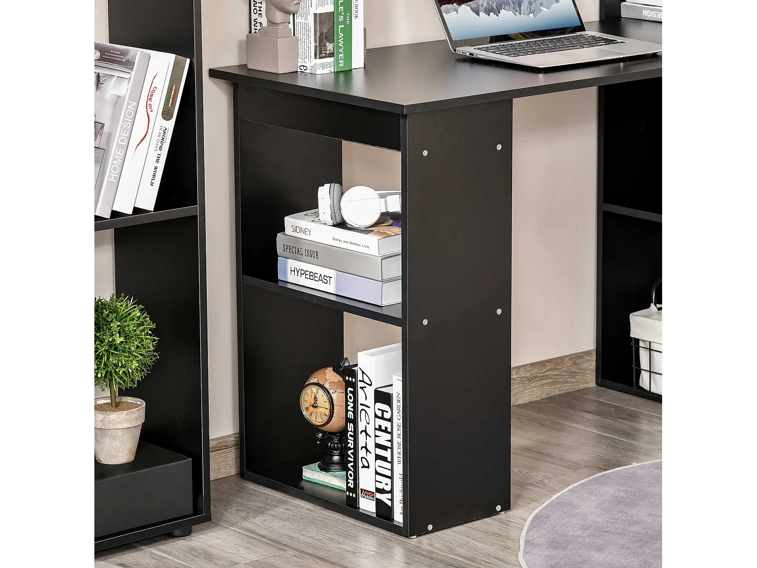 Elni 120cm Black Study Desk with Six Tier Bookshelf Storage