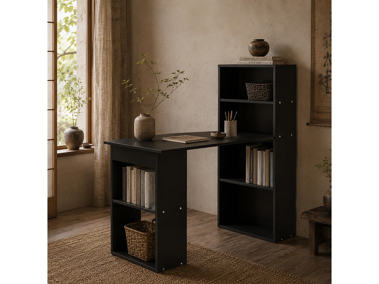 Elni 120cm Black Study Desk with Six Tier Bookshelf Storage