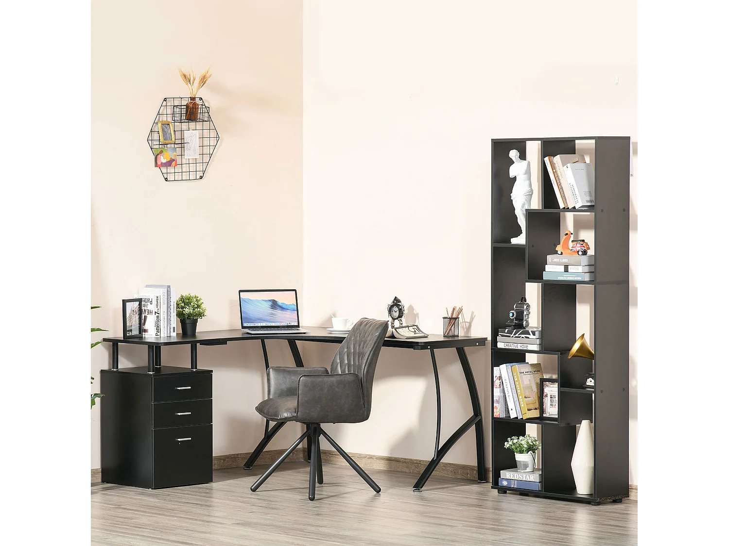 Keba 143.5cm Black Industrial L Shaped Desk with 3 Drawer Storage