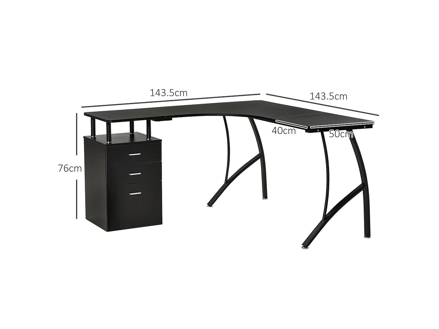 Keba 143.5cm Black Industrial L Shaped Desk with 3 Drawer Storage