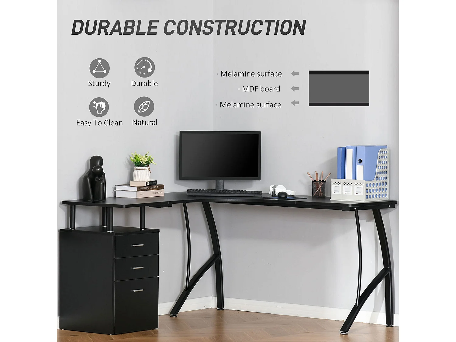 Keba 143.5cm Black Industrial L Shaped Desk with 3 Drawer Storage