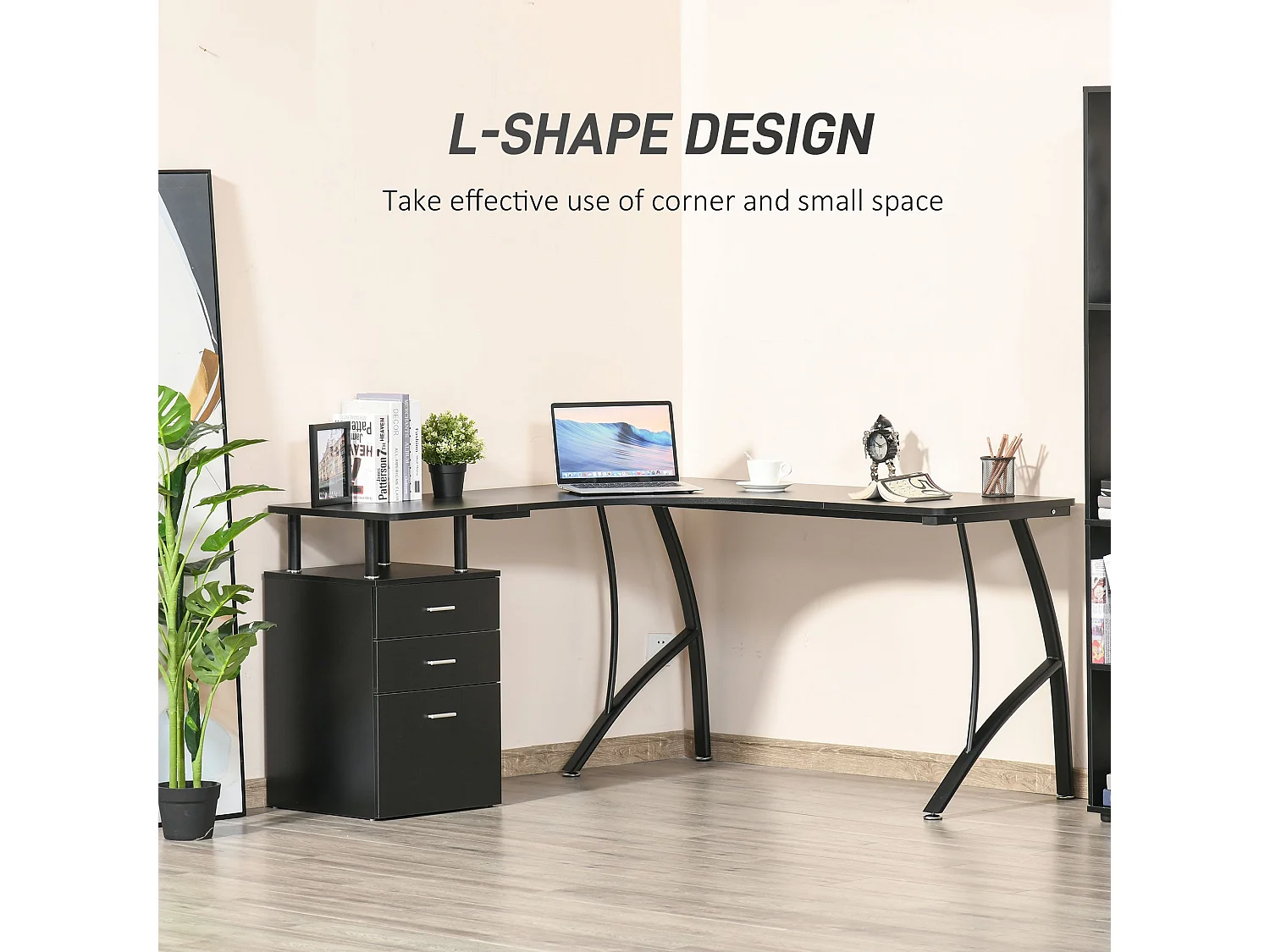 Keba 143.5cm Black Industrial L Shaped Desk with 3 Drawer Storage
