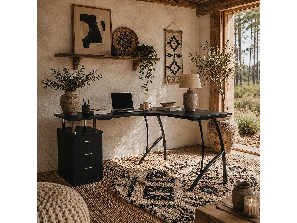 Keba 143.5cm Black Industrial L Shaped Desk with 3 Drawer Storage