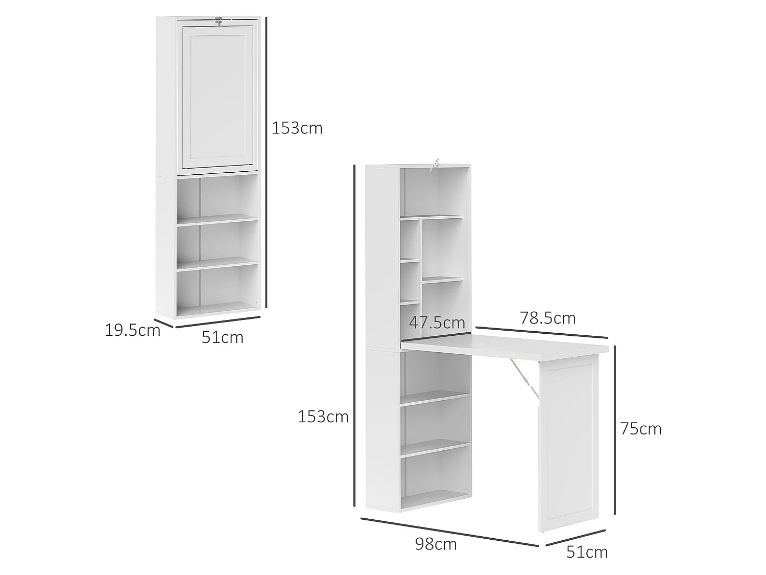 Larono 98cm White Fold Out 3 Section Work Desk with Writing Board and Storage