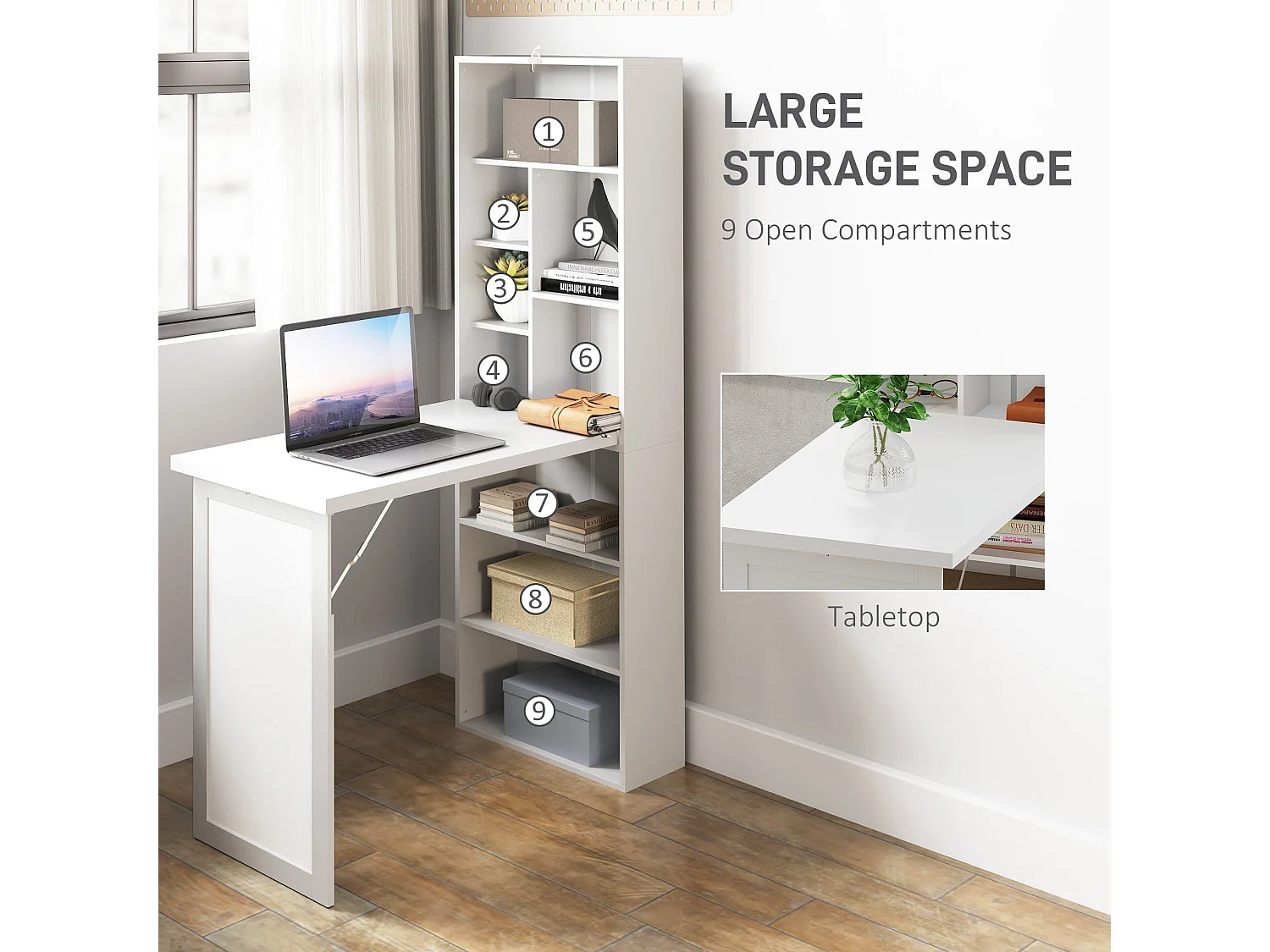 Larono 98cm White Fold Out 3 Section Work Desk with Writing Board and Storage