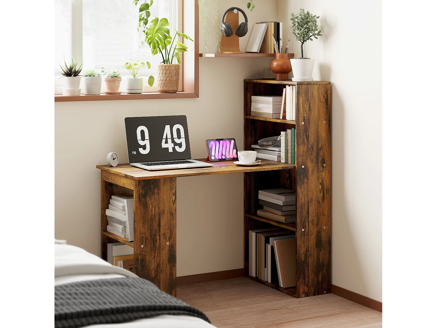 Nanono 120cm Rustic Brown Wooden Desk with 6 Tier Bookshelf
