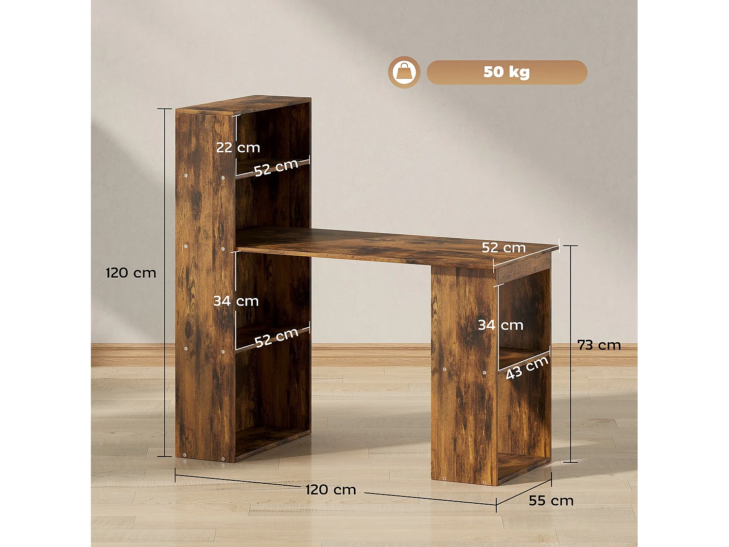 Nanono 120cm Rustic Brown Wooden Desk with 6 Tier Bookshelf