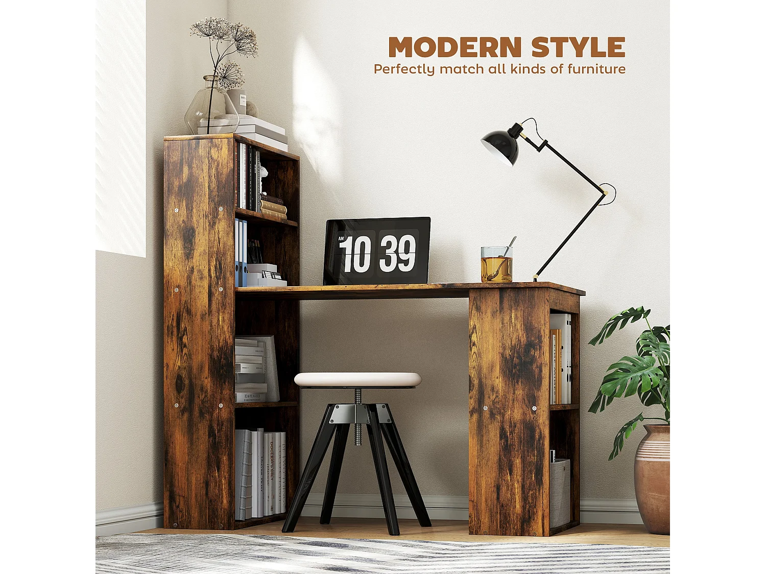 Nanono 120cm Rustic Brown Wooden Desk with 6 Tier Bookshelf