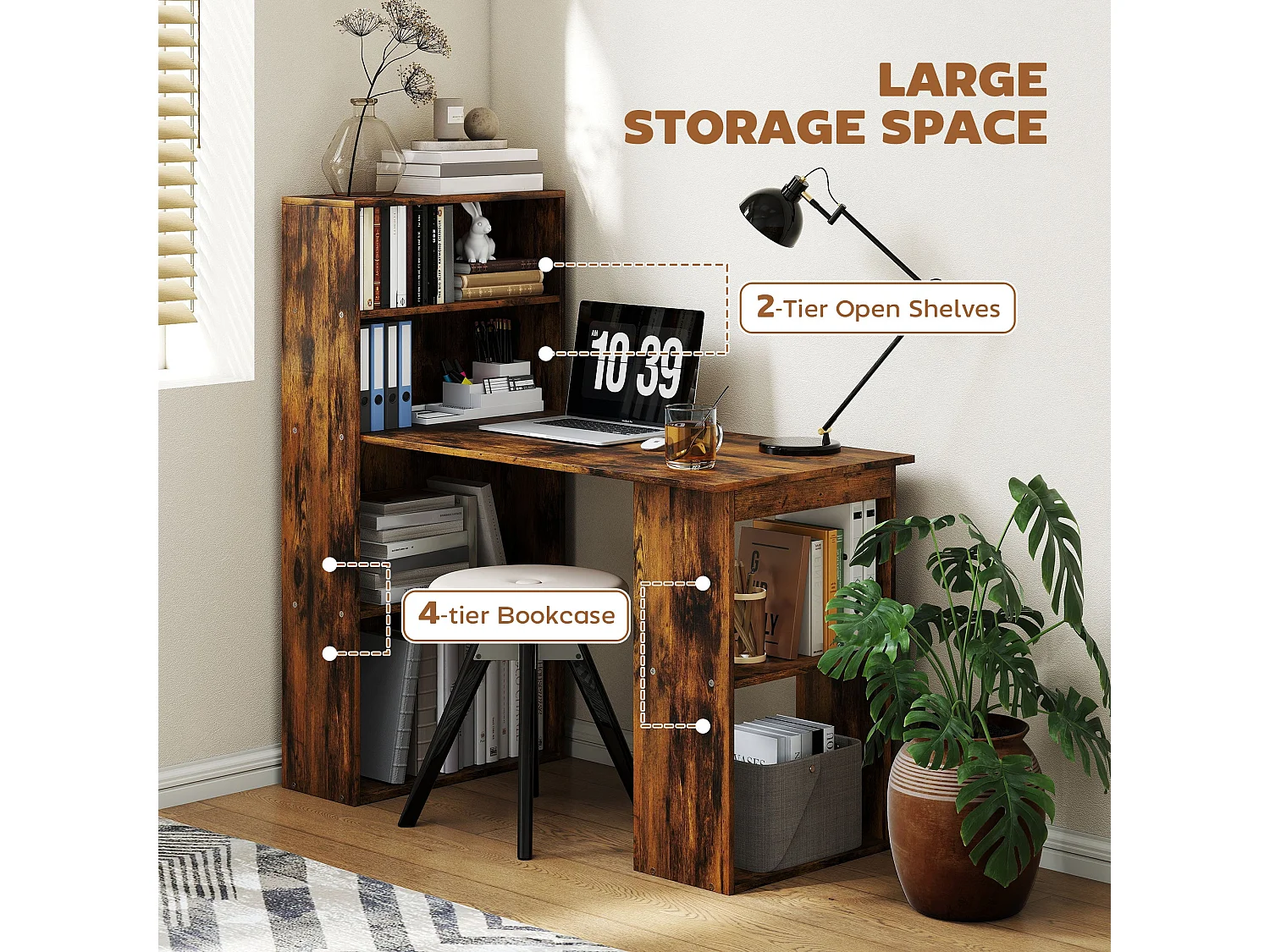 Nanono 120cm Rustic Brown Wooden Desk with 6 Tier Bookshelf