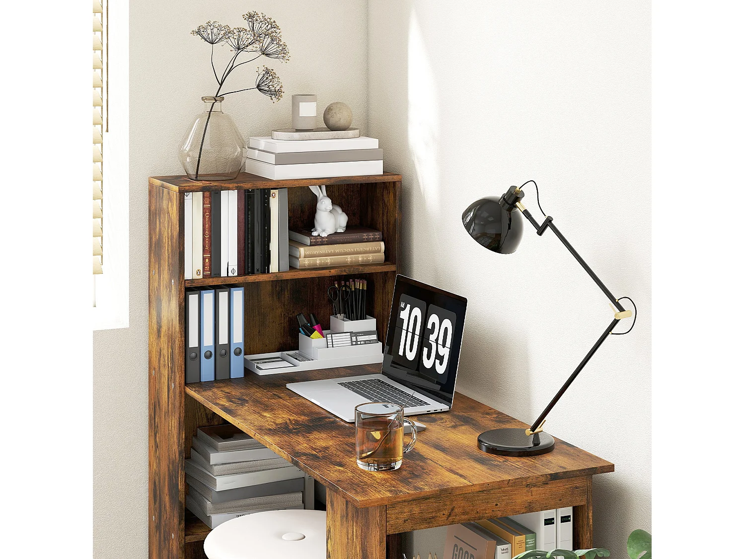 Nanono 120cm Rustic Brown Wooden Desk with 6 Tier Bookshelf