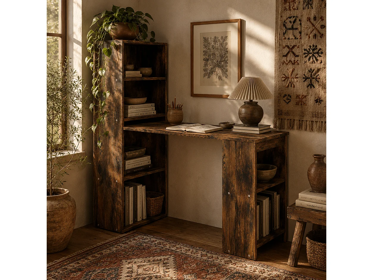 Nanono 120cm Rustic Brown Wooden Desk with 6 Tier Bookshelf