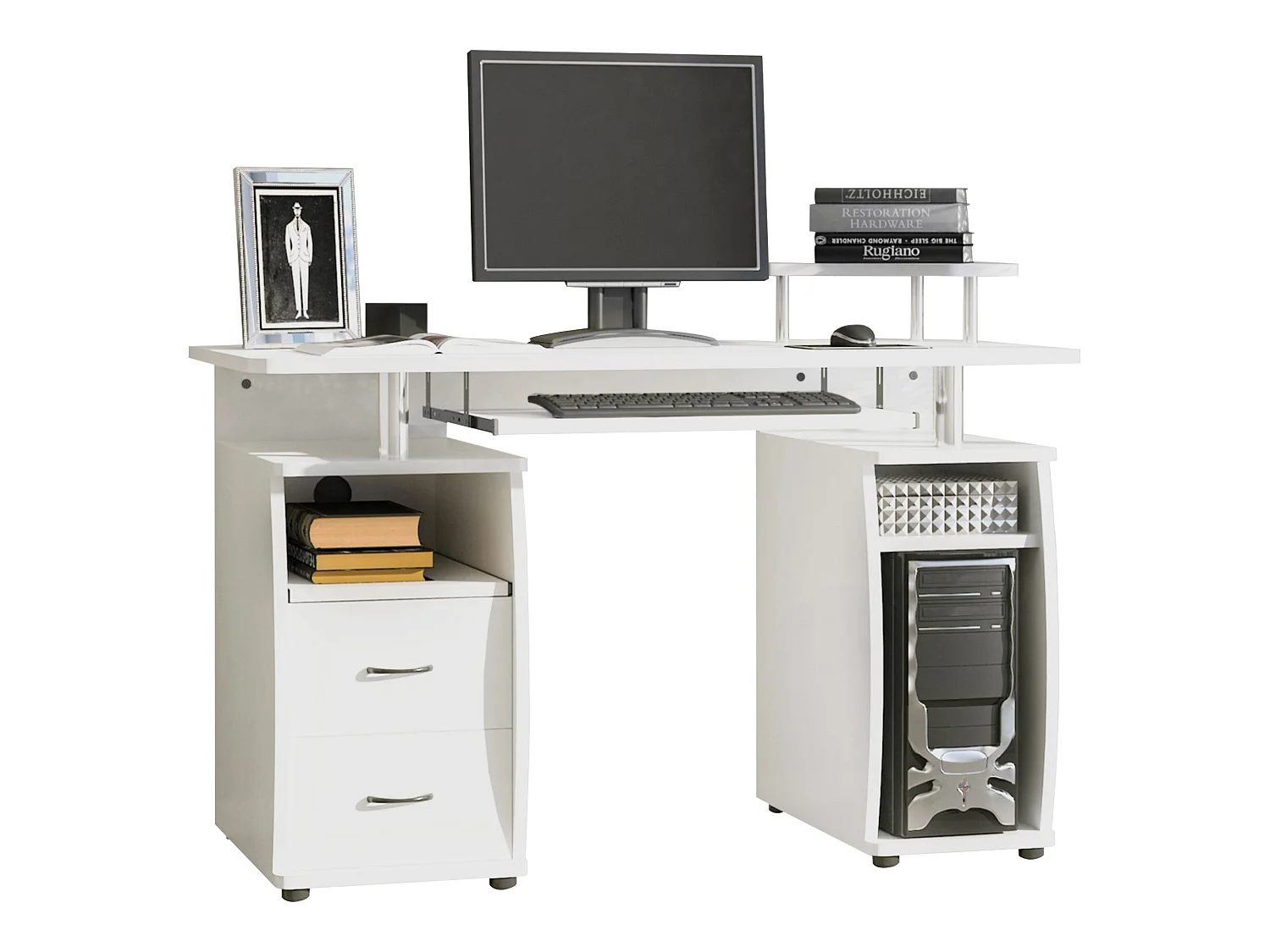 Risaso 120cm White Office Desk Sliding Keyboard Tray 2 Drawers Shelves
