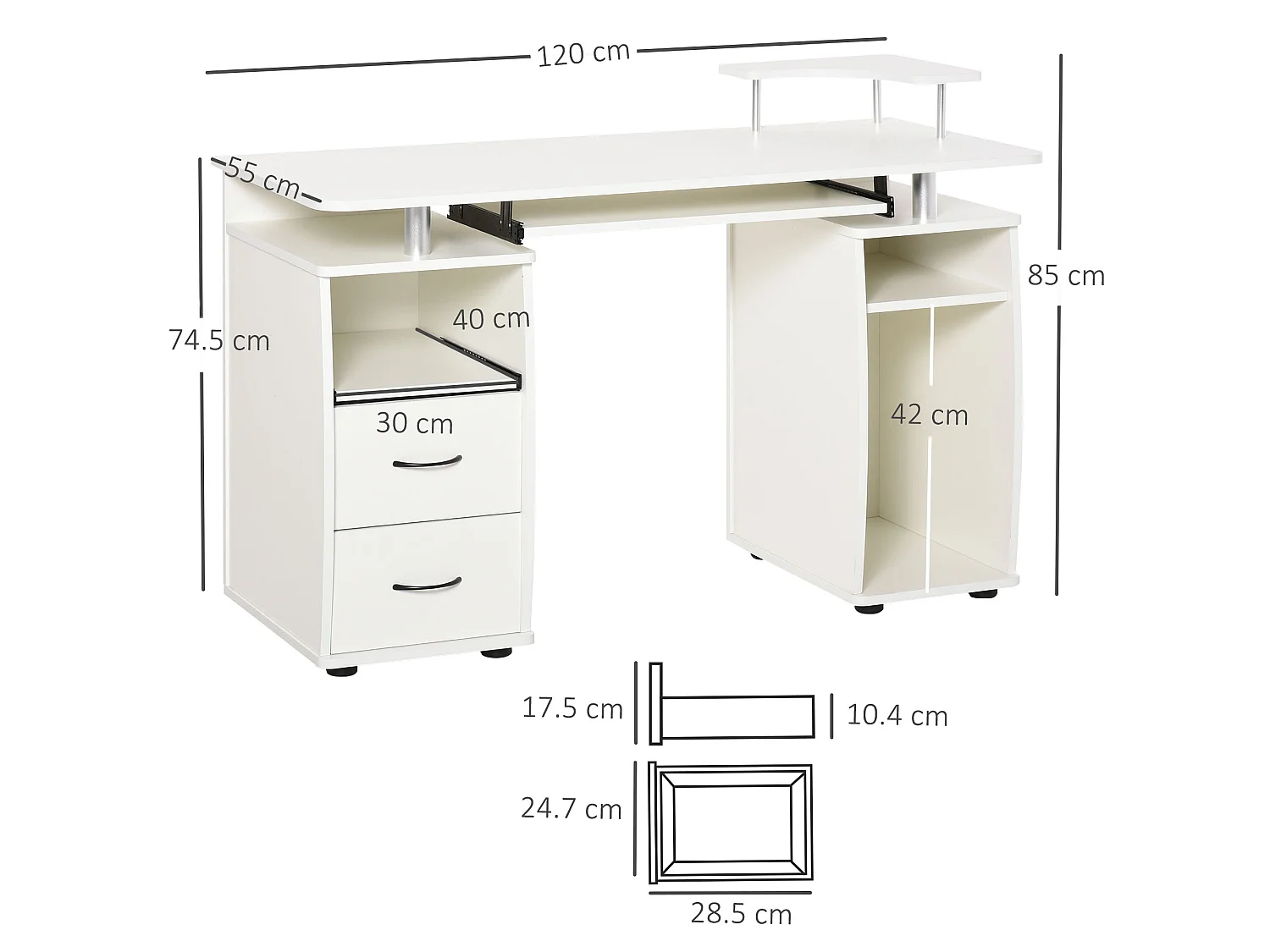 Risaso 120cm White Office Desk Sliding Keyboard Tray 2 Drawers Shelves