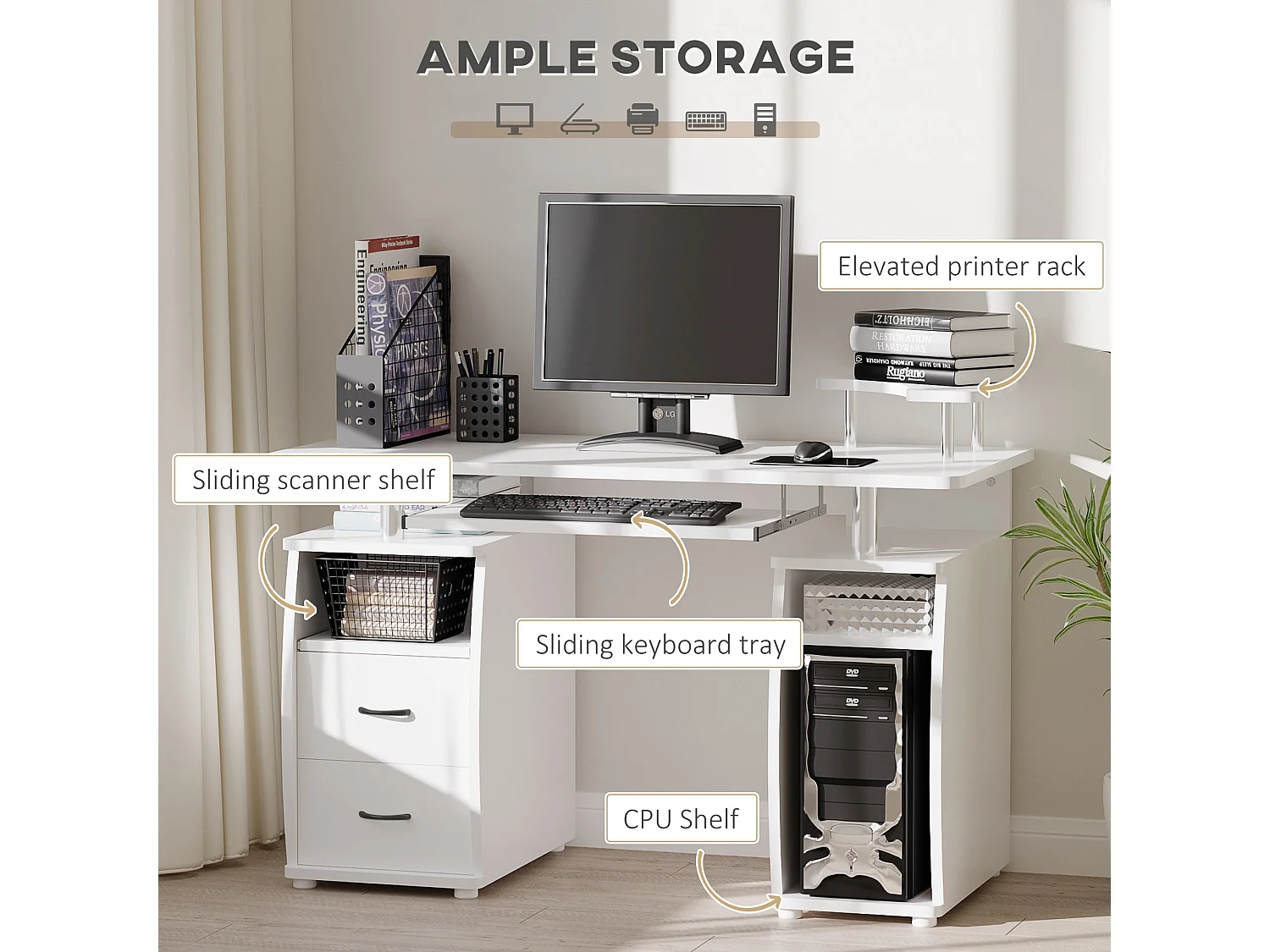 Risaso 120cm White Office Desk Sliding Keyboard Tray 2 Drawers Shelves