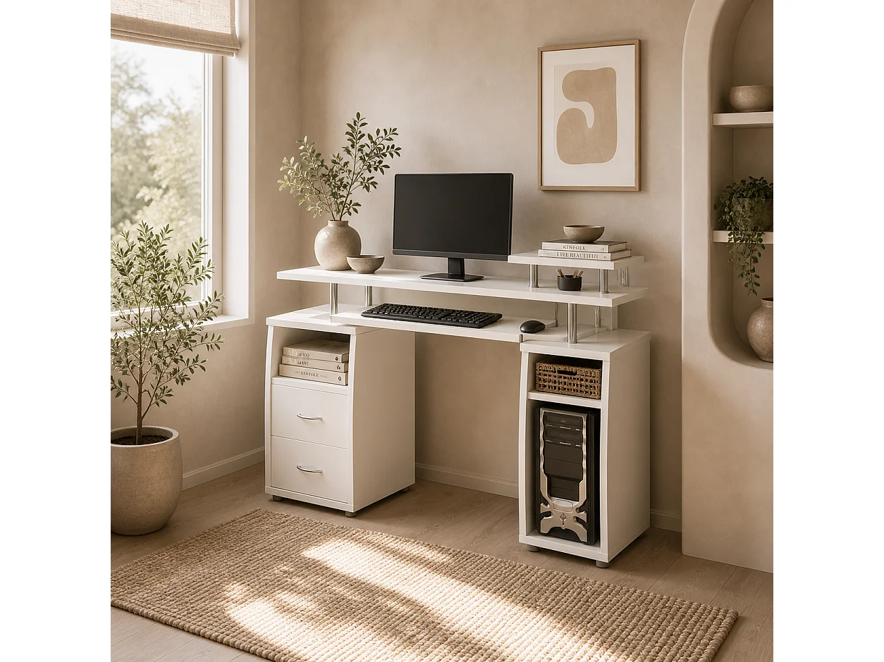 Risaso 120cm White Office Desk Sliding Keyboard Tray 2 Drawers Shelves