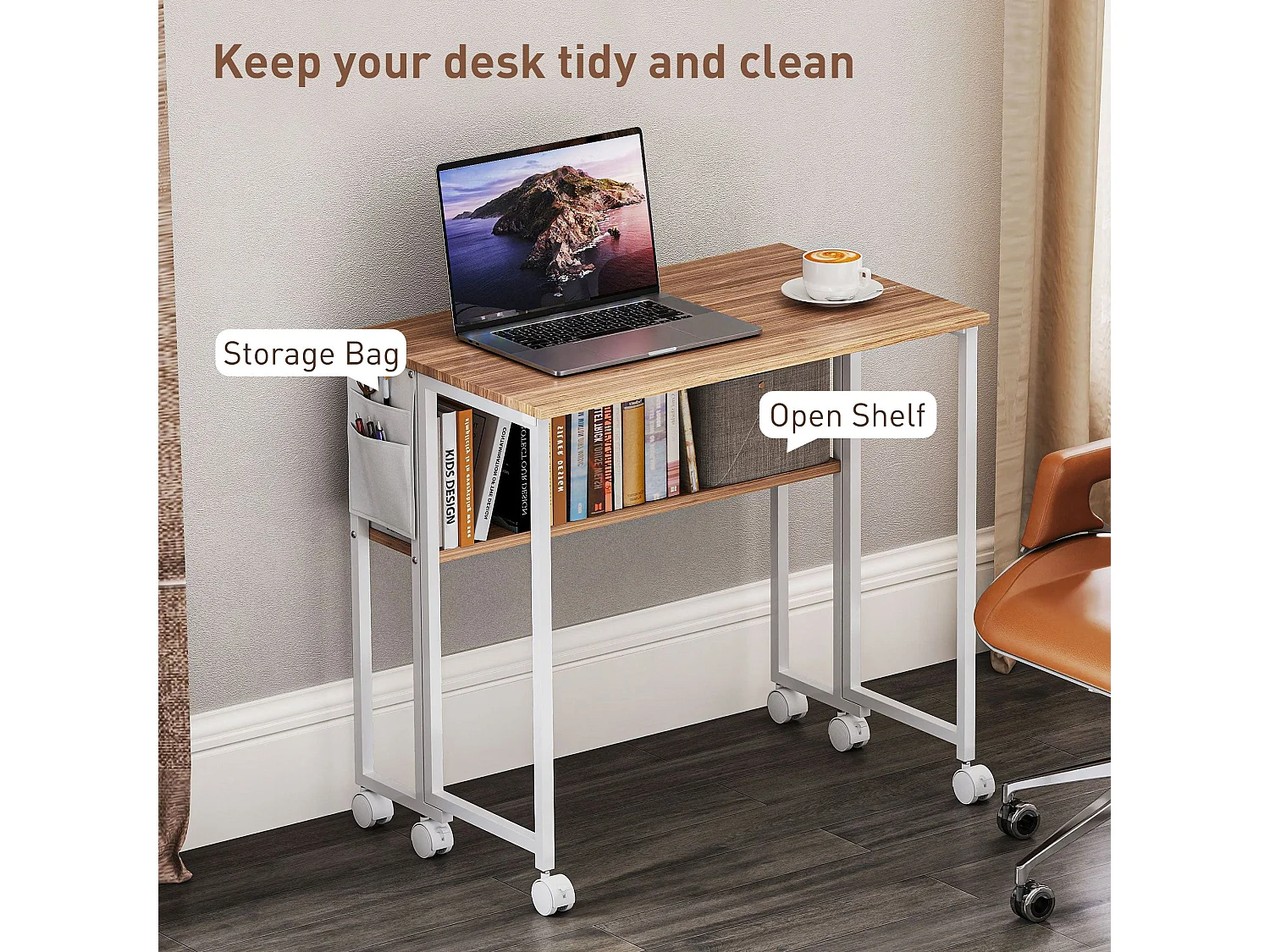 Zika 80cm Drop Leaf Writing Desk Natural Wood Finish with Lockable Wheels