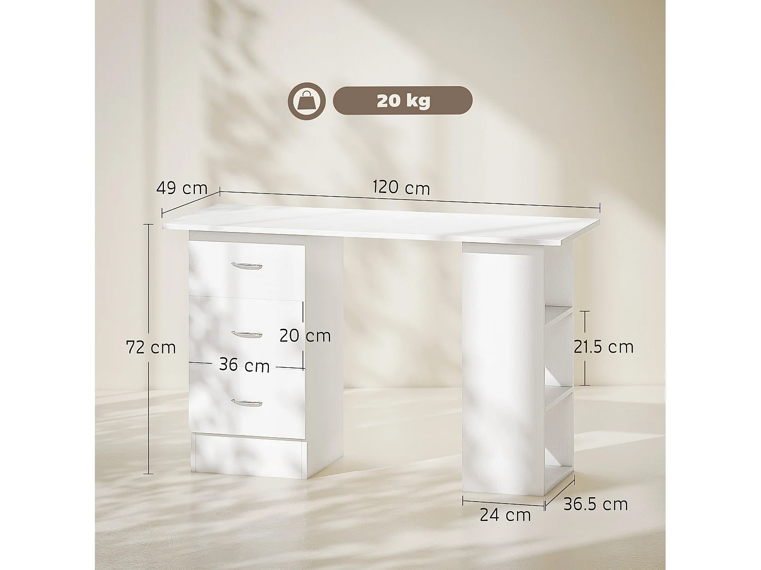 Kamore 120cm White Study Desk 3 Drawers and 3 Side Shelves