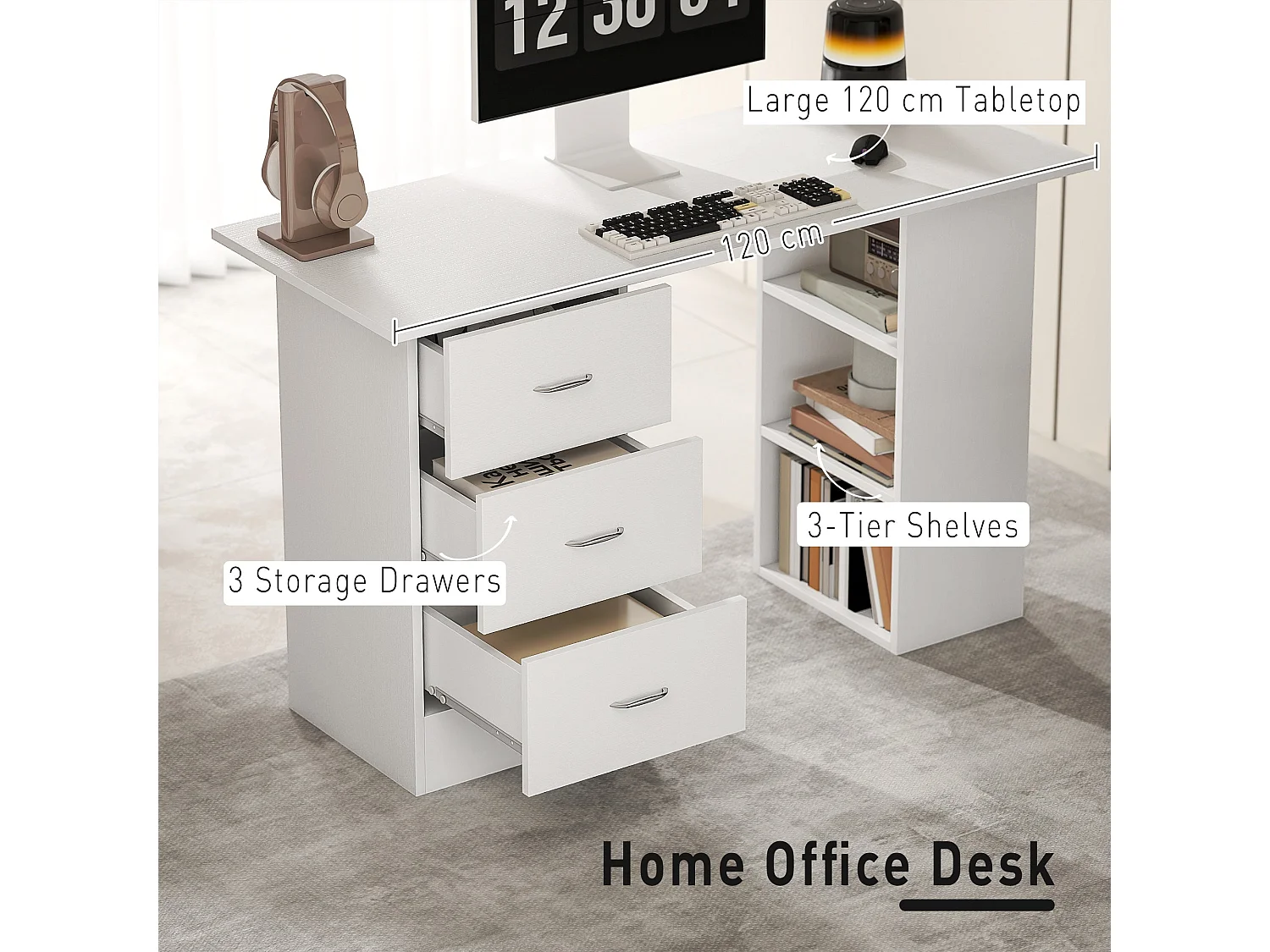 Kamore 120cm White Study Desk 3 Drawers and 3 Side Shelves