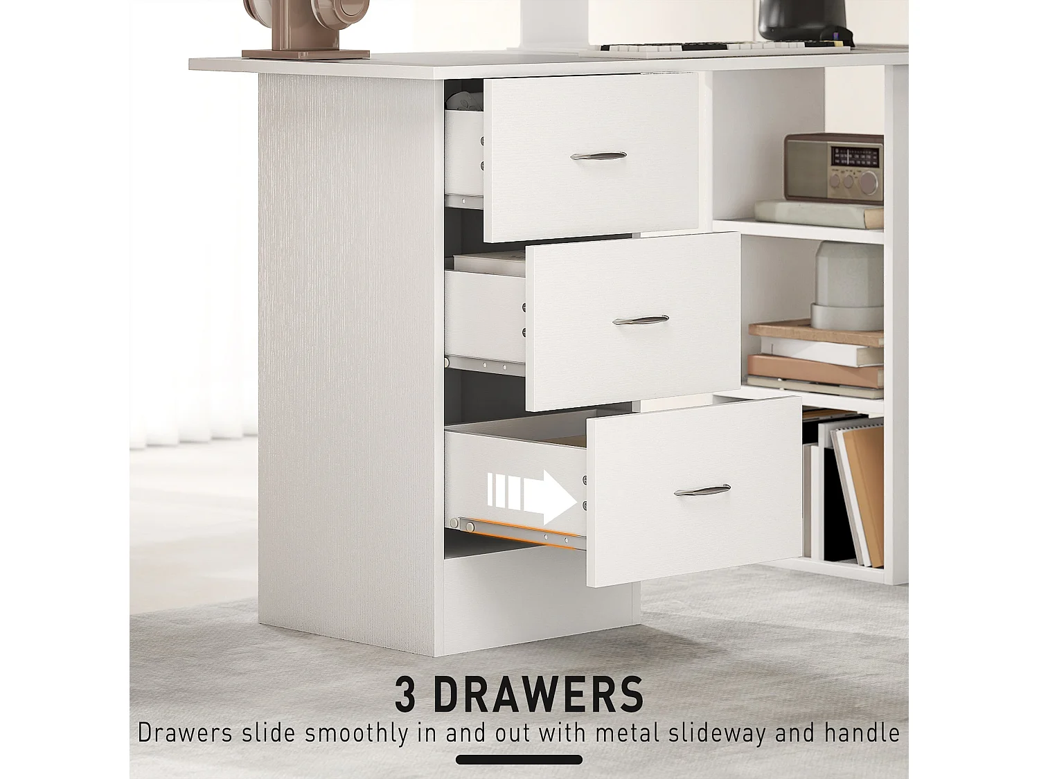 Kamore 120cm White Study Desk 3 Drawers and 3 Side Shelves