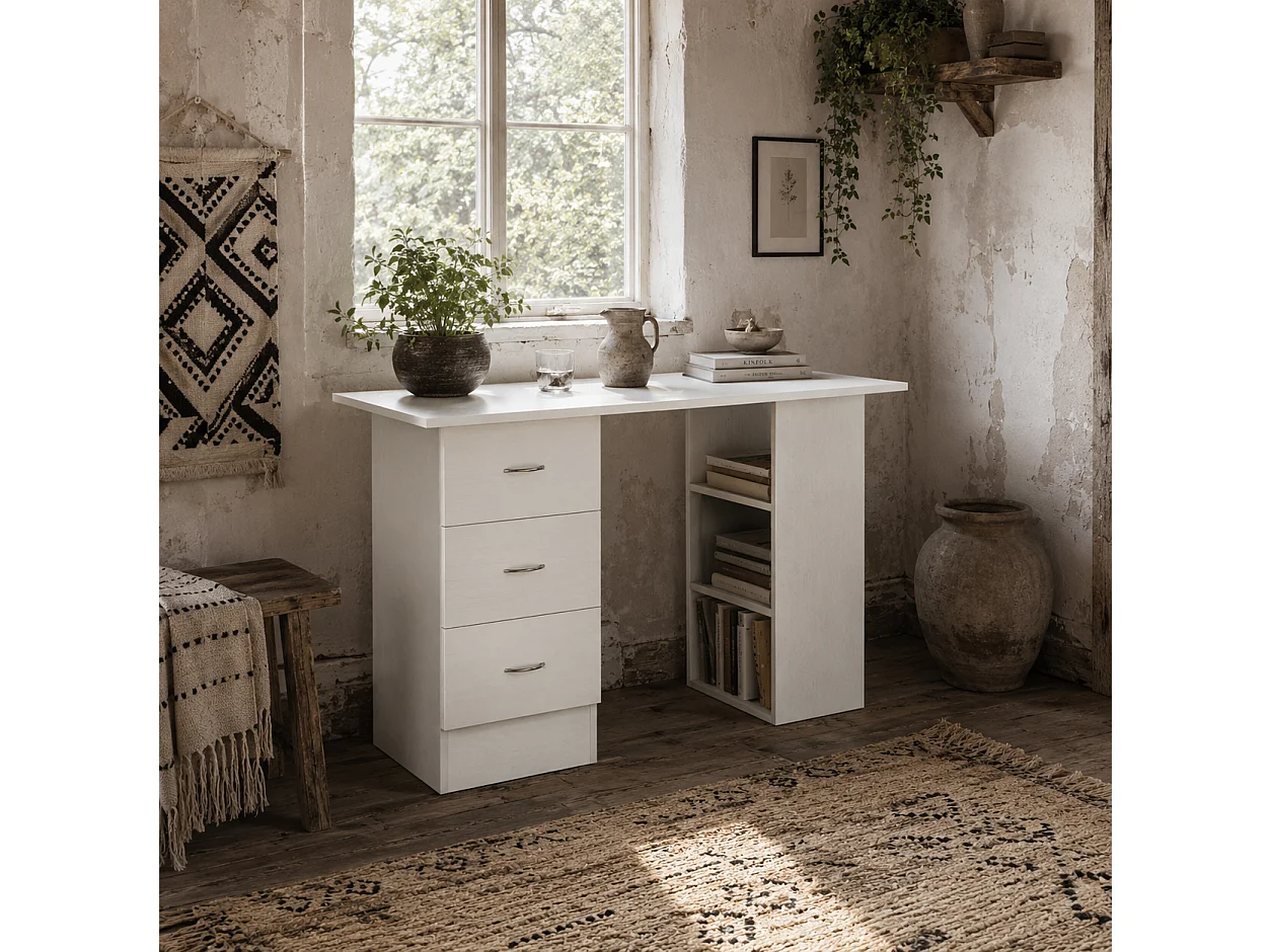 Kamore 120cm White Study Desk 3 Drawers and 3 Side Shelves